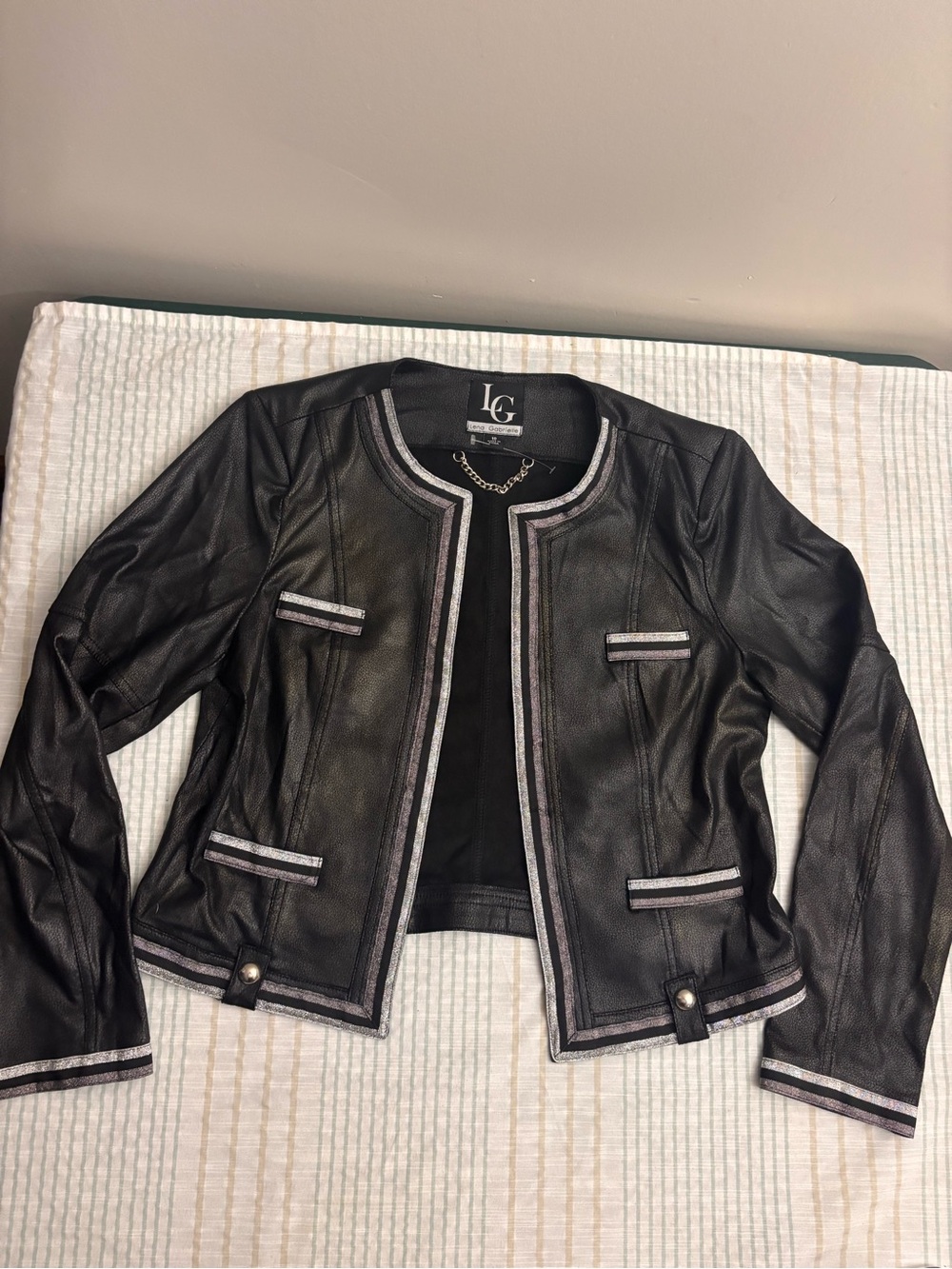 LG Black Faux Leather Collarless Jacket with Silver Trim Accents